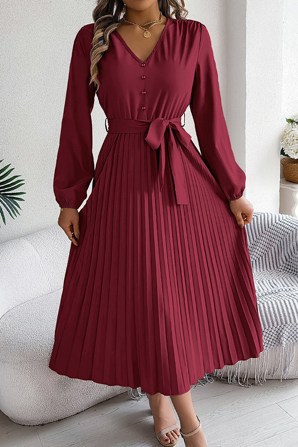 Deep V-Neck Bishop Sleeve Button Front Pleated Belted Midi Dress