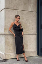 Satin Spaghetti Strap V-Neck Button Front Slip Midi Dress