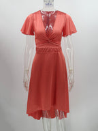 Short Sleeves Midi Dresses V-Neck Knotted High Low Design