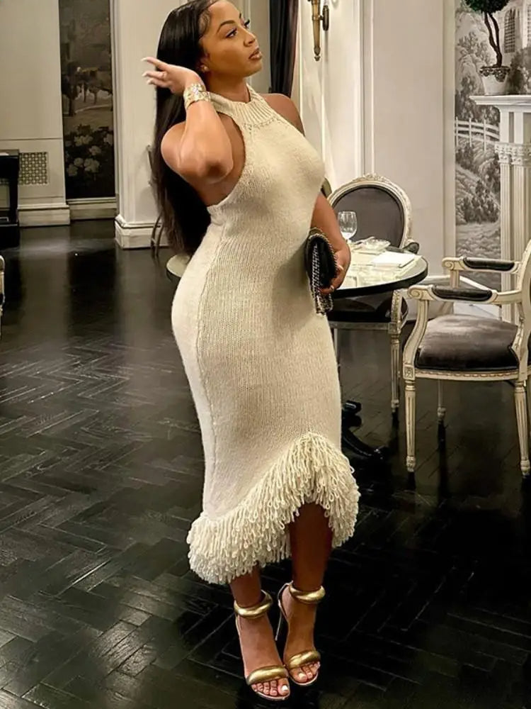 Halter Neck Ribbed Knit Looped Fringe Tassel Hem Bodycon Midi Dress