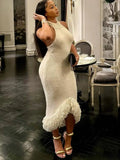 Halter Neck Ribbed Knit Looped Fringe Tassel Hem Bodycon Midi Dress