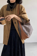 Brown Stand Collar Plaid Suede Jacket