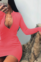 Rib Knit Long Sleeve Quarter Zip Mock Neck Bodycon Mini Dress