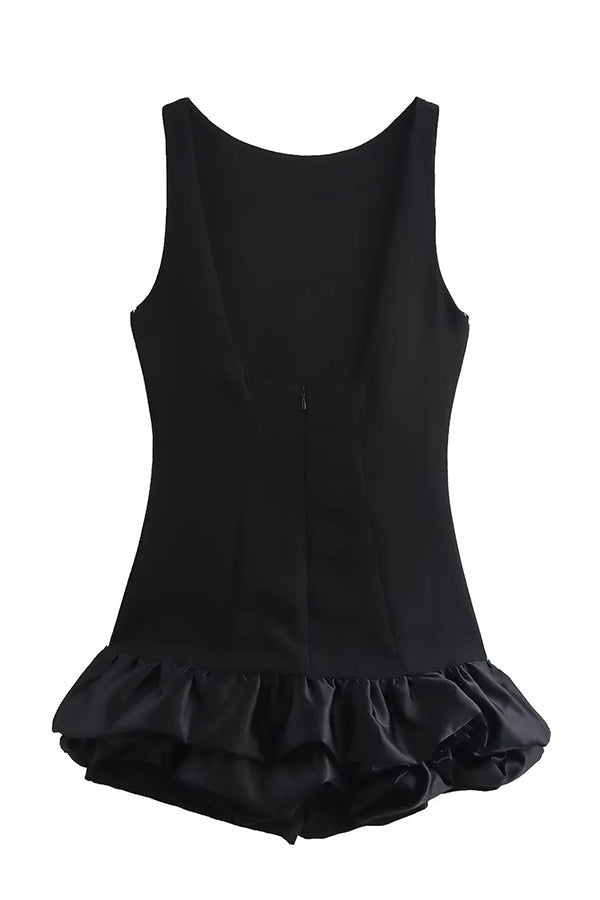High Neck Sleeveless Sculpted Ruffle Bubble Hem Mini Dress