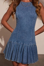 Fashionable Spliced Back Hollow Lace-up Pleated Slim-fit Denim Mini Dress