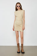 Crew Neck Padded Shoulder Ruched Side Seam Bodycon Mini Dress