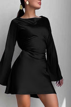 Satin Cowl Neck Bell Sleeve Tie Waist Mini Dress