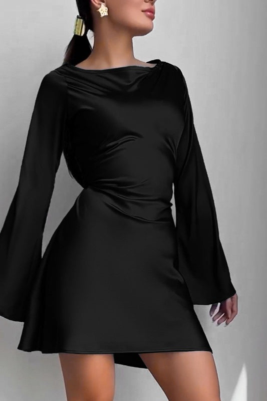 Satin Cowl Neck Bell Sleeve Tie Waist Mini Dress
