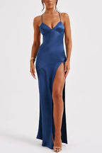 Satin Deep V-Neck Spaghetti Strap High Slit Column Maxi Dress
