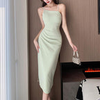 Asymmetric Pearl Strap Ruched Side Slit Bodycon Midi Dress