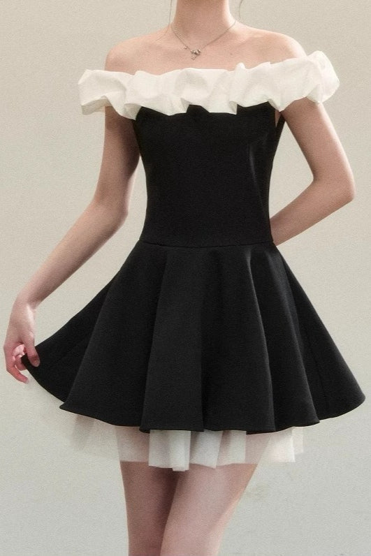 Black Ballet Neck Colorblock Mini Dress