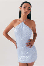 Blue Backless Halter Sequin Lace-up Dress