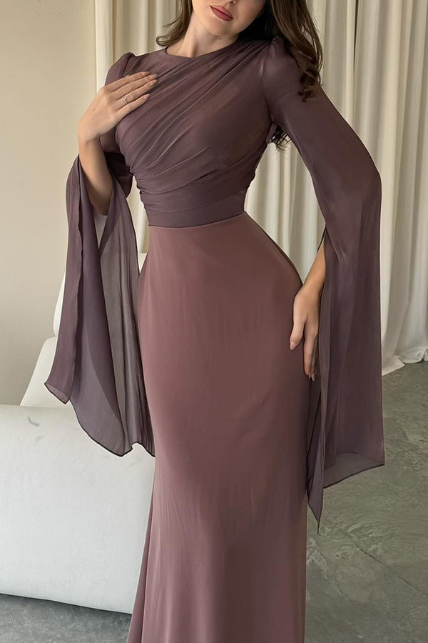 Satin Ruched High Neck Bell Sleeve Slit Mermaid Maxi Gown