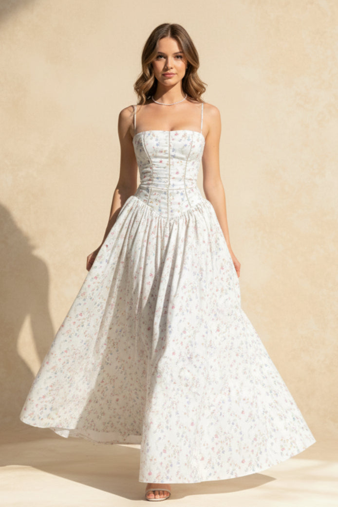 Floral Print Corset Bodice Basque Waist Pleated Ball Gown Maxi Dress