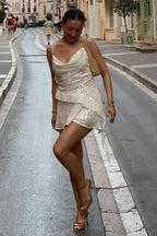 Sequin Cowl Neck Spaghetti Strap Tiered Ruffle Mini Dress