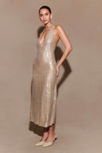Sequin Halter Neck Deep V-Neck Bodycon Midi Dress