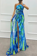 Renee Exclusive Amazing Views Off Shoulder Pleated Slit Maxi Dress with Feather Rose Detail in Watercolor Print Chic Silhouette Collection