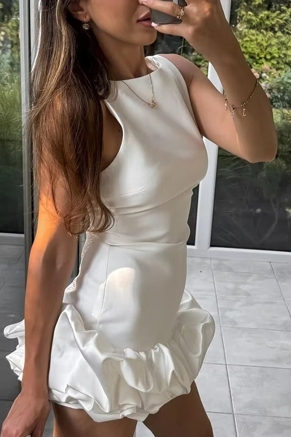 High Neck Sleeveless Sculpted Ruffle Bubble Hem Mini Dress