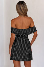 Off Shoulder Polka Dot Twist Front Ruffle Sleeve Bodycon Mini Dress