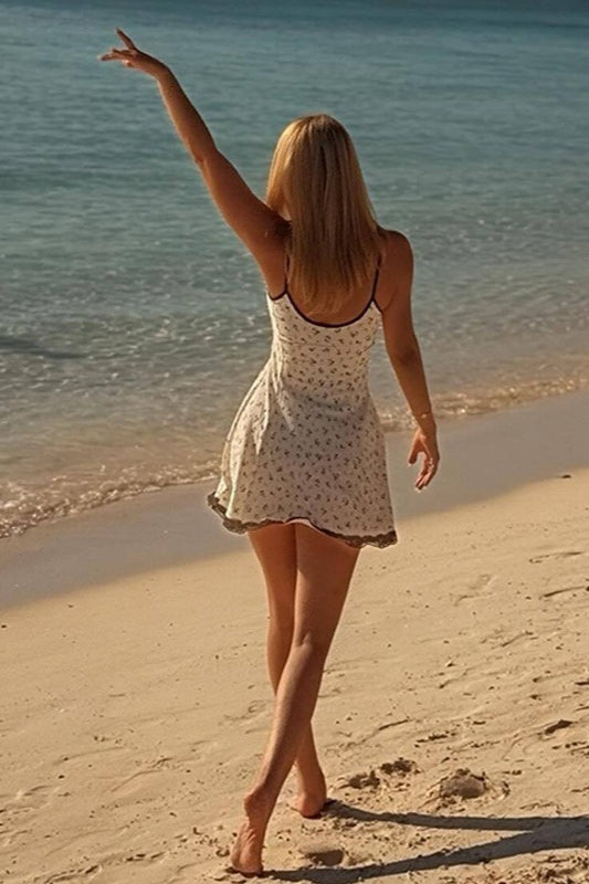 Ditsy Floral Spaghetti Strap Scoop Neck Lace Trim Hem A-Line Mini Dress