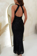 Sequin Cross Halter Neck Mermaid Flare Maxi Gown