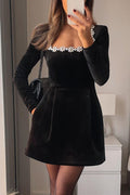 Velvet Square Neck Rhinestone Trim Long Sleeve Pocket A-Line Mini Dress