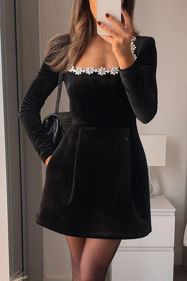 Velvet Square Neck Rhinestone Trim Long Sleeve Pocket A-Line Mini Dress
