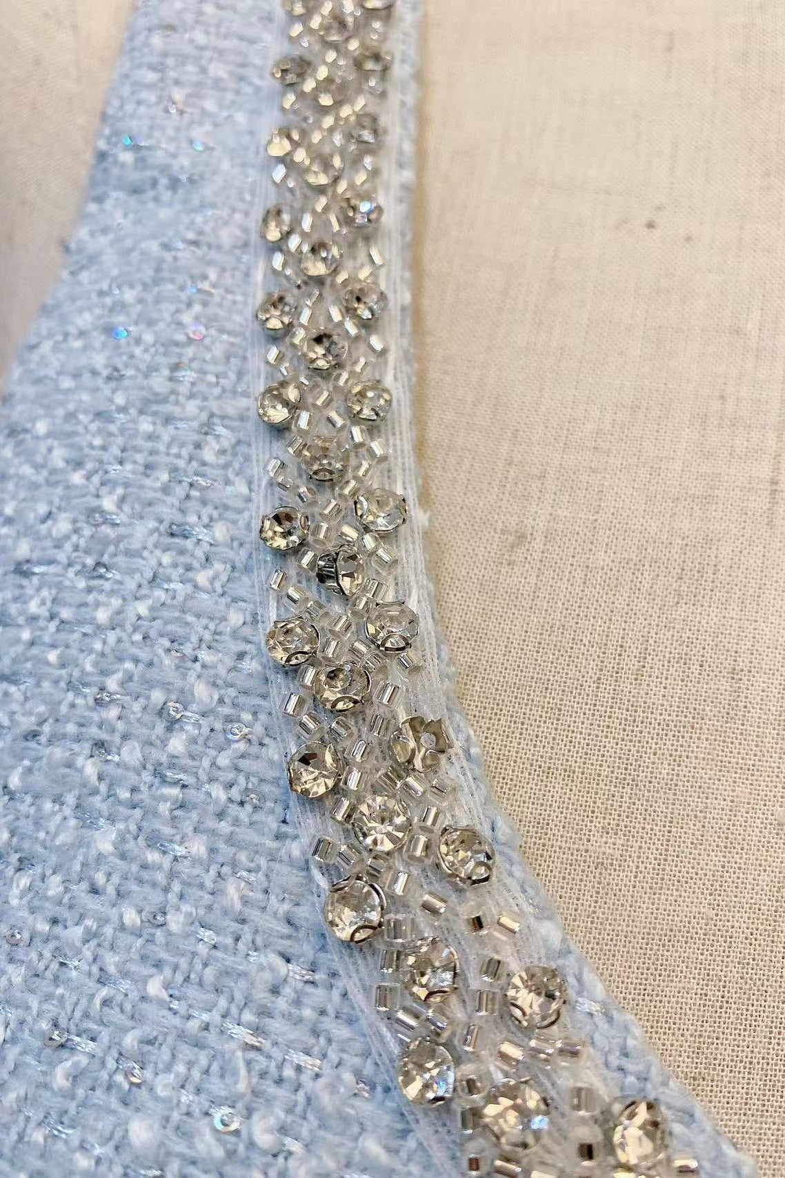 Tweed Boucle Pearl Beaded Trim Side Bow Cutout Mini Dress