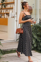 Polka Dot Square Neck Ric Rac Trim Cami A-Line Midi Dress