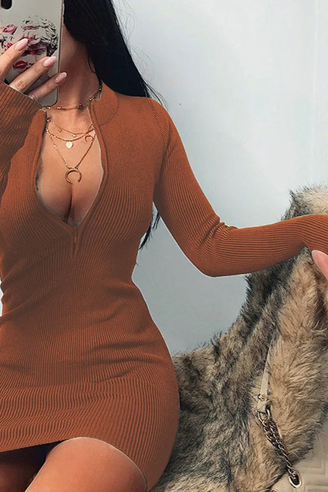 Rib Knit Long Sleeve Quarter Zip Mock Neck Bodycon Mini Dress
