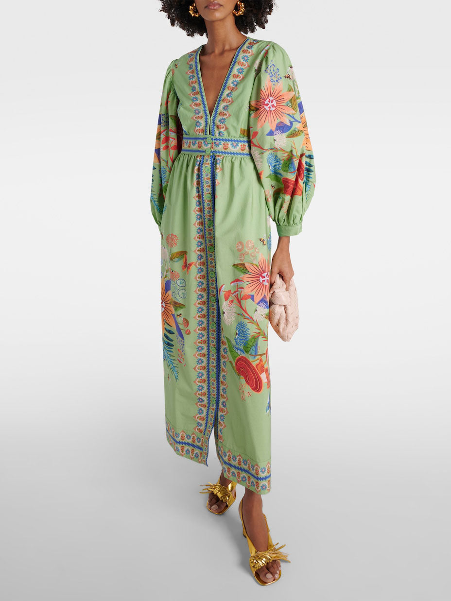 Botanical Print Deep V-Neck Balloon Sleeve Button Front Maxi Dress