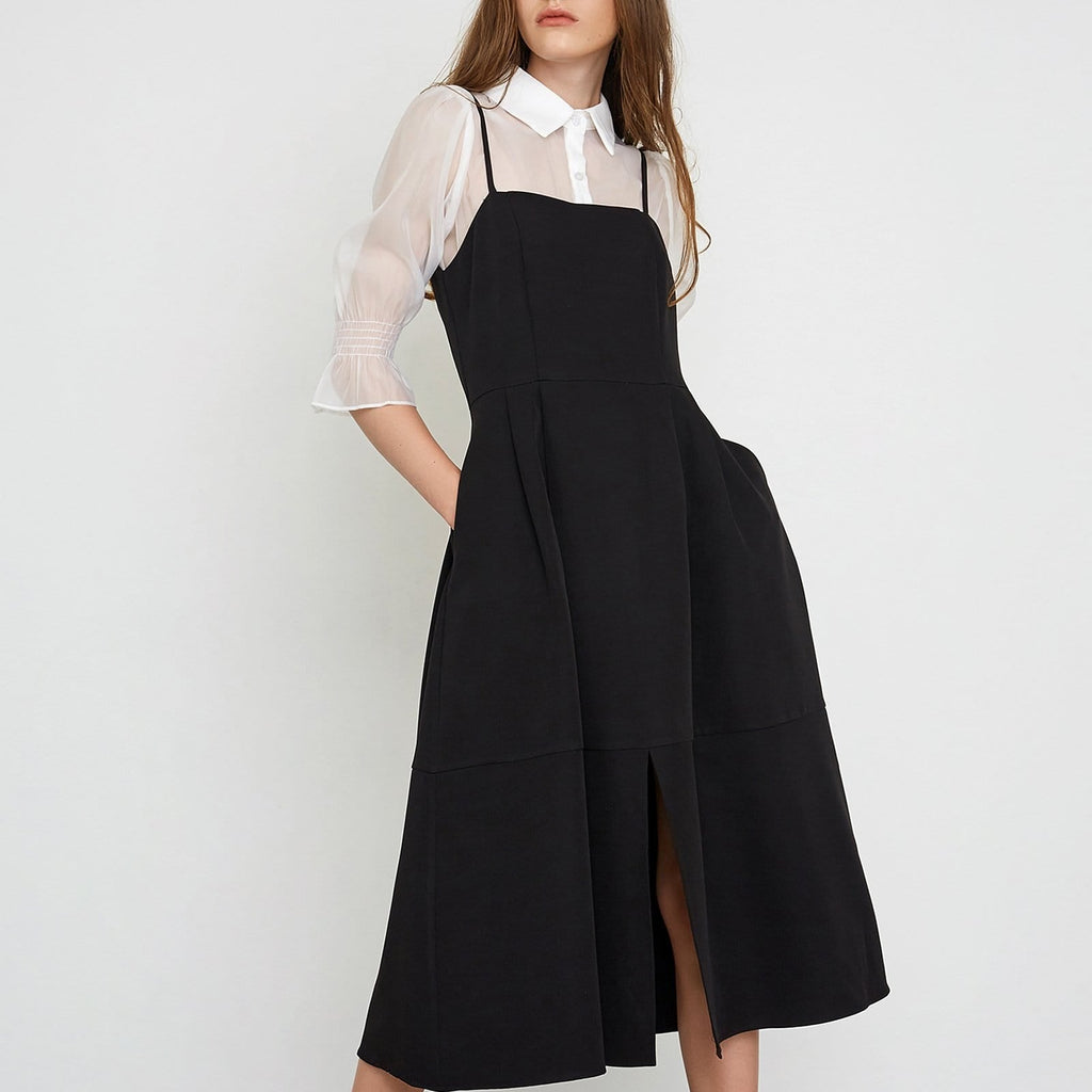 Square Neck Spaghetti Strap Front Slit Pocket A-Line Midi Dress