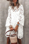 Floral Crochet Lace Bell Sleeve Scalloped Hem Mini Dress