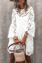 Floral Crochet Lace Bell Sleeve Scalloped Hem Mini Dress