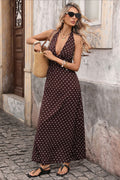 Deep V Halter Neck Polka Dot A Line Maxi Dress
