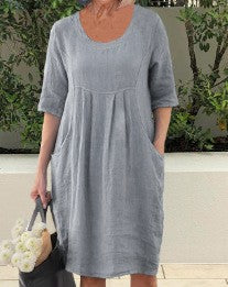 Pleated Pocket Loose  Short-sleeved Dress