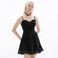 Bat Wing Neckline Spaghetti Strap Organza Ruffle Hem A-Line Gothic Mini Dress