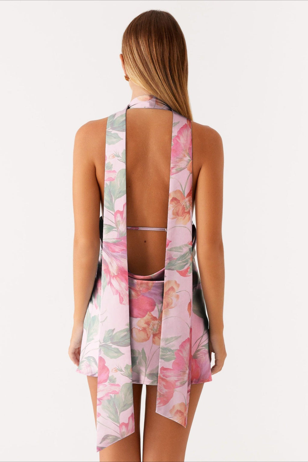 Halter Choker Deep V Neck Asymmetric Hem Watercolor Floral Print Mini Dress