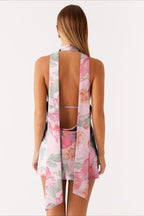 Halter Choker Deep V Neck Asymmetric Hem Watercolor Floral Print Mini Dress
