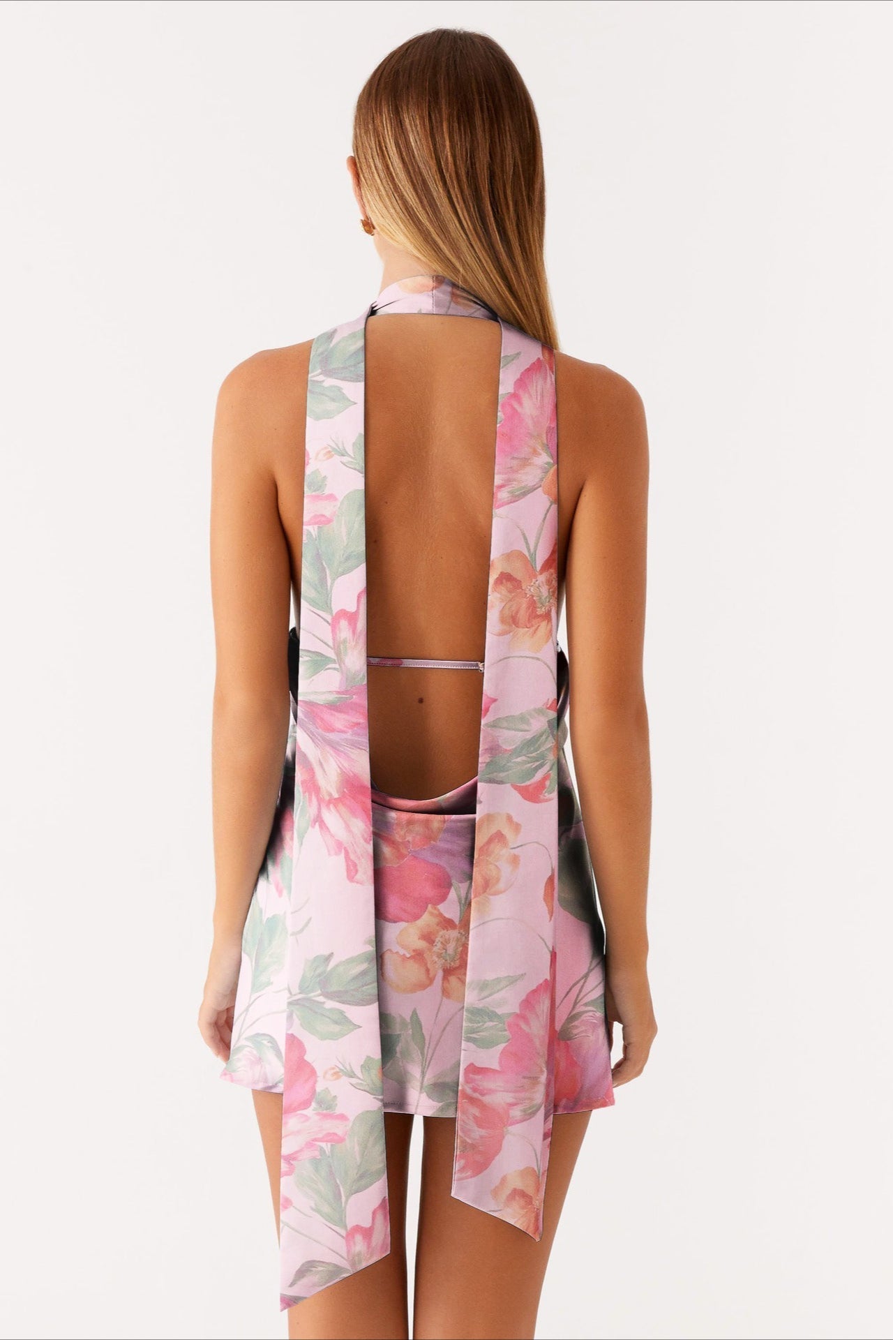 Halter Choker Deep V Neck Asymmetric Hem Watercolor Floral Print Mini Dress