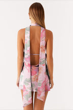 Deep V Neck Backless Tie Detail Mini Floral Dress