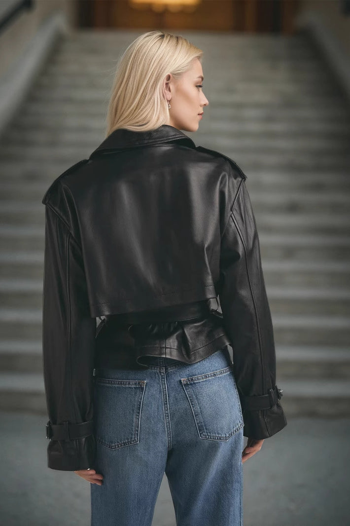 Street Style Cropped Leather Coat