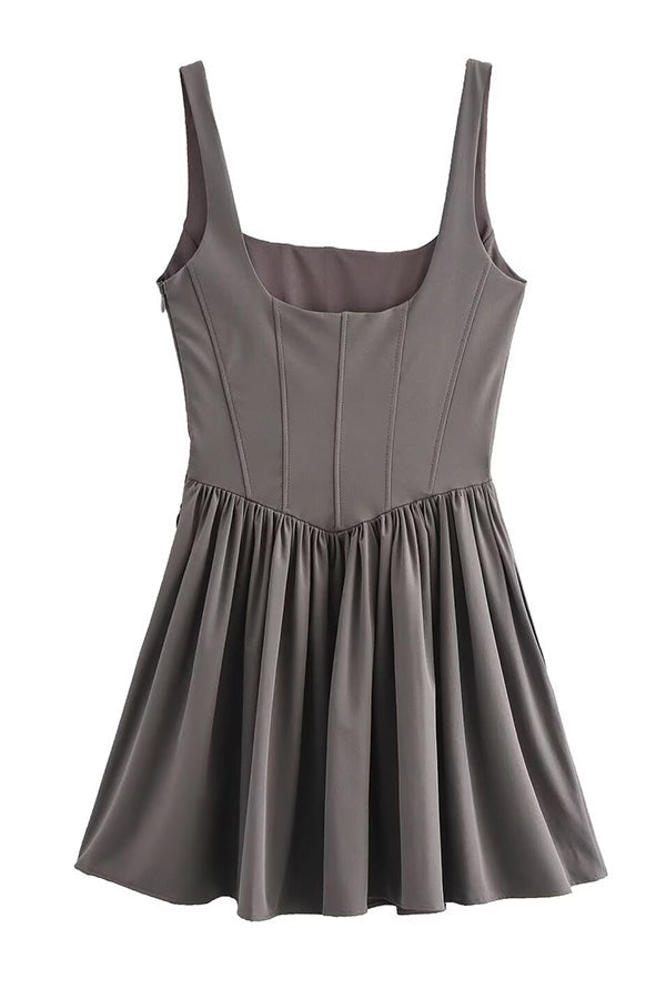 Velvet Square Neck Corset Seam Gathered Fit and Flare Mini Dress