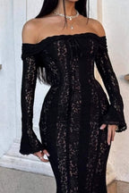 Off Shoulder Bell Sleeve Vertical Lace Panel Mermaid Maxi Dress