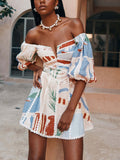 Off Shoulder Puff Sleeve Coastal Scenic Print Lace Trim Mini Dress