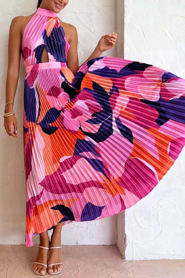 Pleated Halter Neck Cut Out Crisscross Bodice Abstract Floral Print Maxi Dress