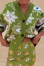 Mysterious Magic Knit Eye Heart Pattern Button Up Long Sleeve Loose Cardigan