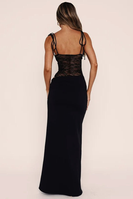 Halter Tie Neck Ruched Bust Floral Lace Panel Satin Maxi Dress