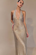 Sequin Halter Neck Deep V-Neck Bodycon Midi Dress