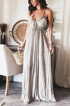 Striped Crinkle Texture Halter Neck Tie Front Ruffle Trim Maxi Dress
